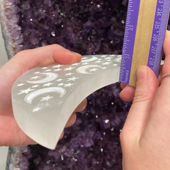 Selenite Moon Etched Charging Plate, Home Decor, Office Art, Boho Decorations - Picture 4 of 7